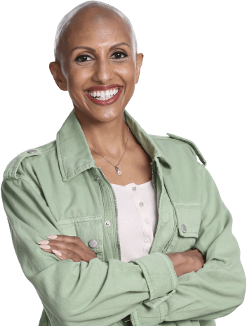 Woman with alopecia areata with quote "there's a whole community of alopecia areata warriors that will have your back"